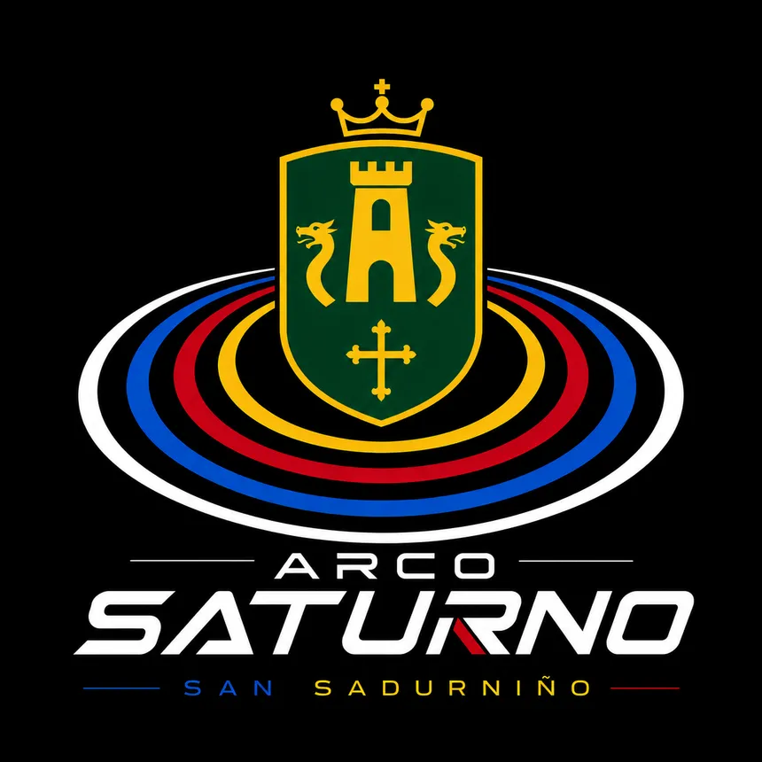 Logo completo de Arco Saturno: escudo rodeado por cuatro anillos